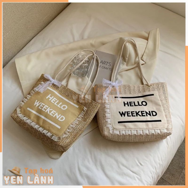 Túi Cói phụ kiện Đi Biển INFLACHI Du Lịch mẫu mới 2023 cỡ lớn rộng rãi thêu chữ Hello Weekend Sang Chảnh Hàn Quốc