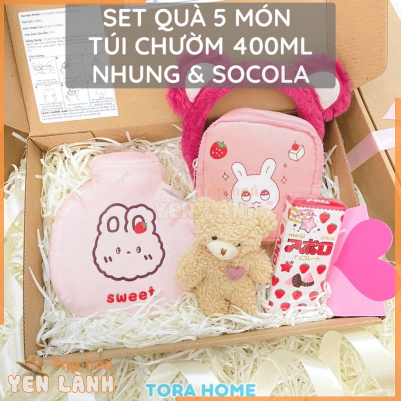 HỘP QUÀ TẶNG TORA HOME – Set quà combo 5 túi chườm nóng bụng kinh và kẹo socola Meiji Nhật Bản ngọt ngào