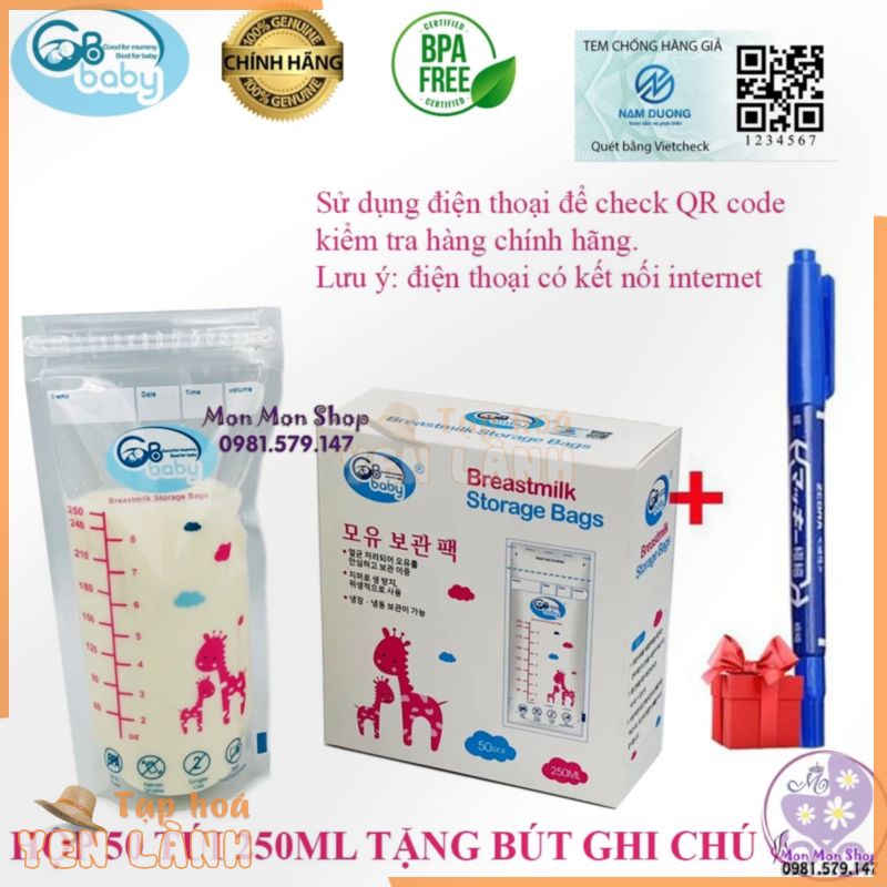 [Tặng viết xóa được] Túi trữ sữa mẹ Hàn Quốc GB Baby 250ml hộp 50 túi mẫu mới 2022 có tem QR code check mã vạch