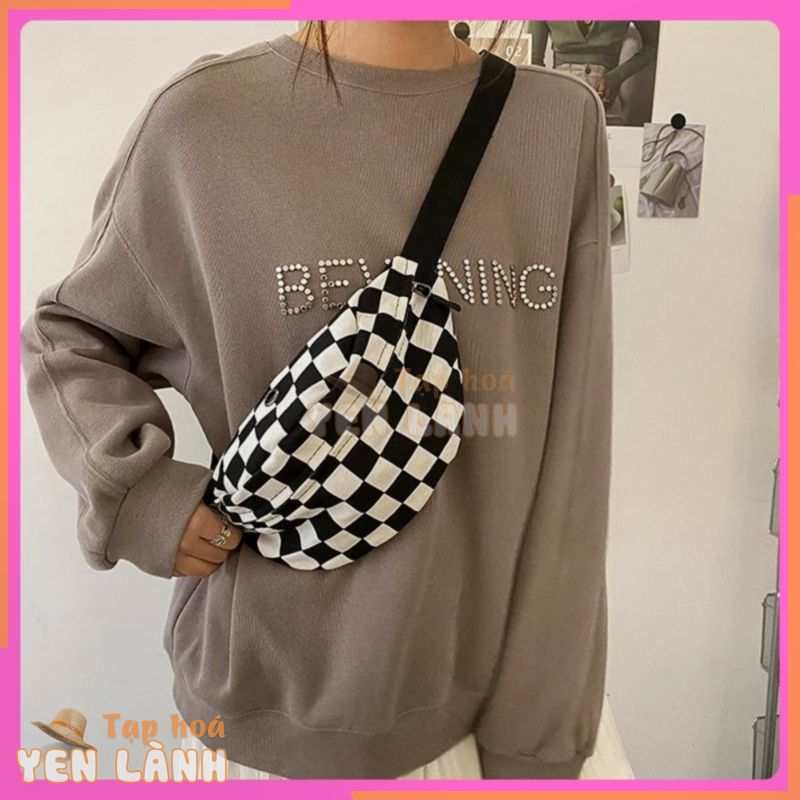 Túi canvas đeo chéo bao tử unisex đi chơi nhỏ gọn in họa tiết Caro checkerboard hottrend chụp ảnh đẹp độc