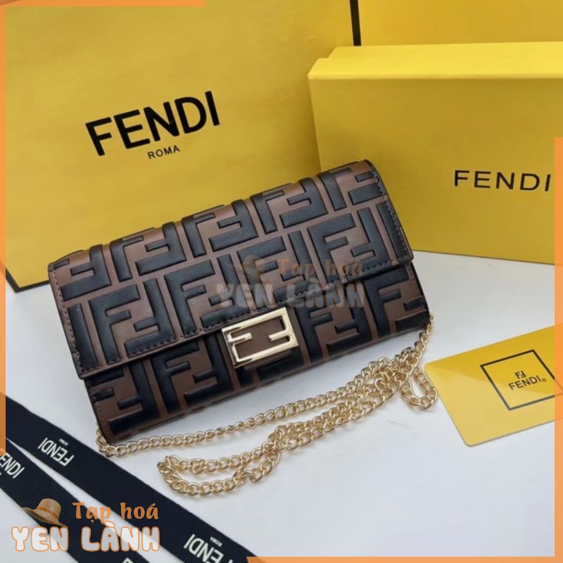 [Có hộp đóng gói quầy] Fendi Logo nhãn vàng đơn chính hãng Logo FF Presbyopic Da vải vuông nhỏ Túi dây xích Ví Túi đeo vai đeo chéo ly hợp Màu nâu nữ 1: 1