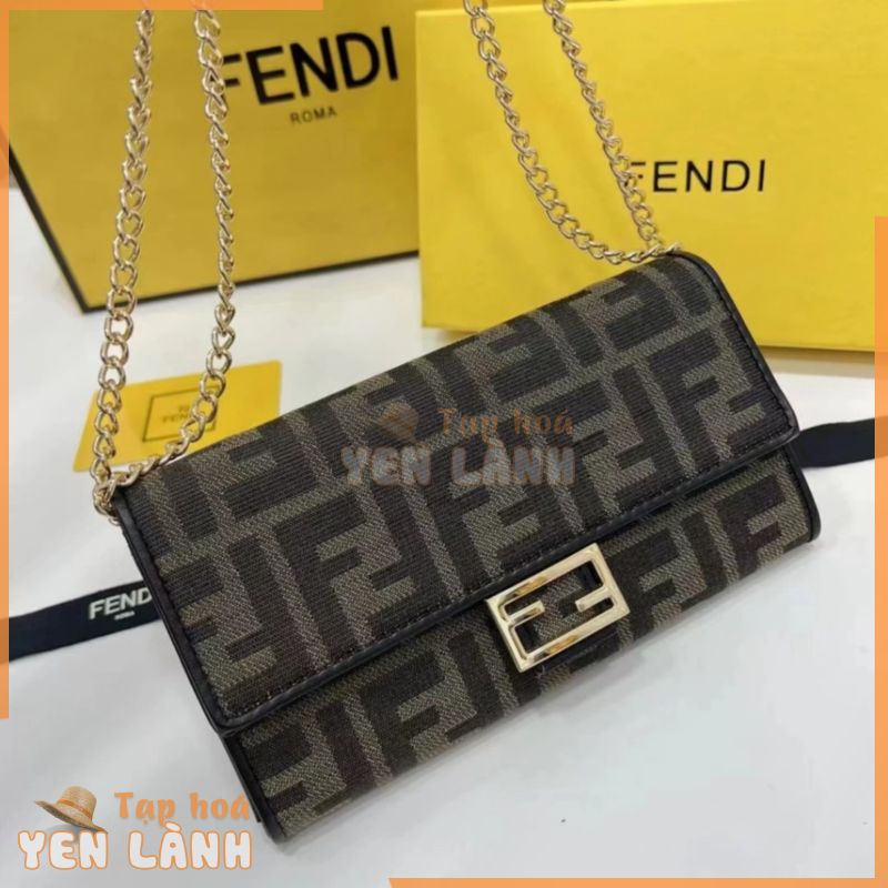 [Có hộp đóng gói quầy] Logo nhãn vàng Fendi Logo FF Presbyopic Da vải vuông nhỏ Túi dây xích Ví Túi đeo vai đeo chéo ly hợp Màu nâu nữ 1: 1