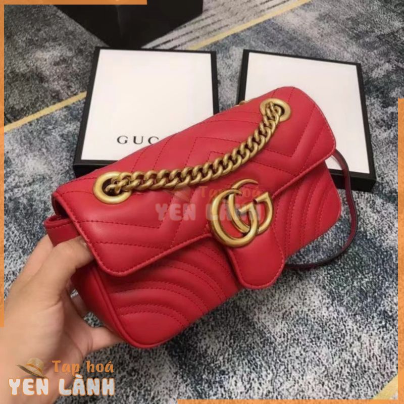 [Có hộp đóng gói quầy] Gucci GG Mamon Nhãn vàng LOGO Dây chuyền Quilted Da thật Túi đeo vai đeo chéo nữ nhỏ màu đỏ Lựa chọn đầu tiên để làm quà tặng Đặt hàng chính hãng