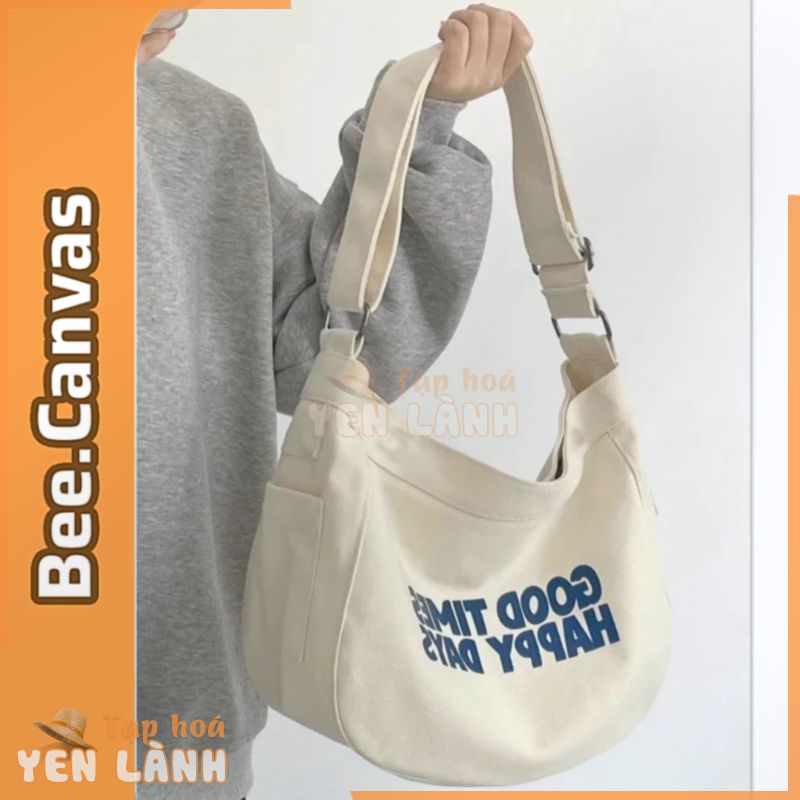 Túi đeo chéo canvas, túi tote vải đeo vai Lucky trơn màu nam nữ Unisex đi học đi chơi đựng vừa laptop Bee Canvas