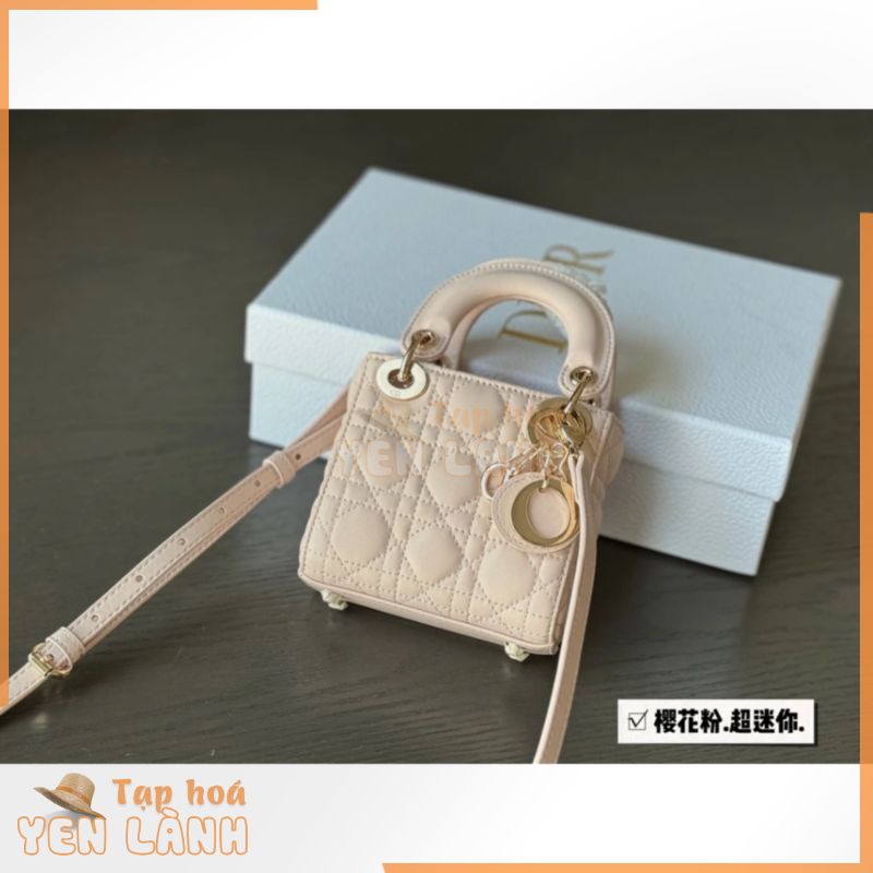 Túi Dior Lady Micro Hồng Nhạt Charm Vàng 12x11cm đeo chéo