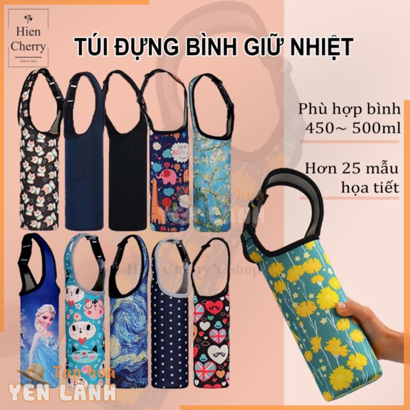 Túi đựng bình nước, túi đựng bình giữ nhiệt 500ml vải chống thấm, chống va đập có quai đeo + Mua kèm dây nối dài