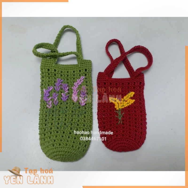 Túi đựng bình giữ nhiệt móc len bằng tay handmade.