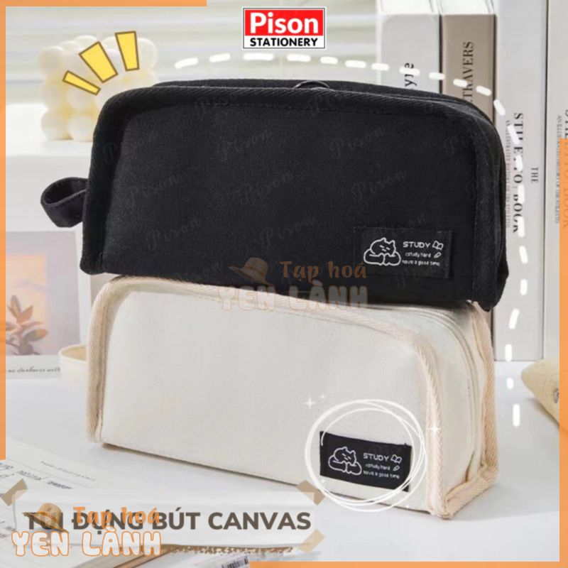 Túi đựng bút màu đen canvas Pison nhiều ngăn bóp viết cỡ vừa  cho học sinh nam nữ