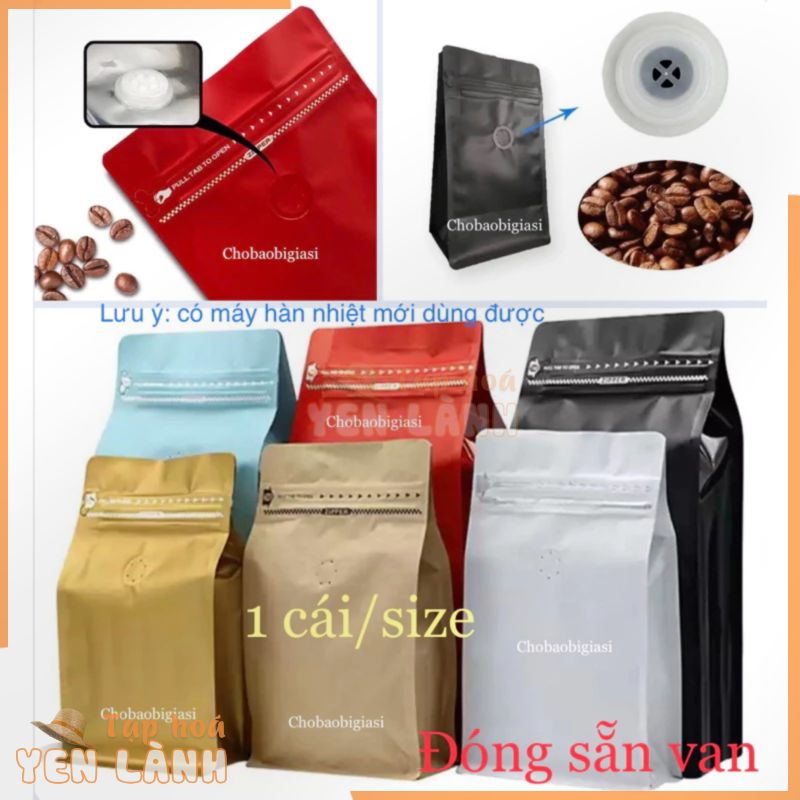 {CÓ VAN 1cái/size} Túi zipper 8 cạnh đựng cafe có van đủ màu – đủ size, túi đựng cafe hàng nhập chuẩn đẹp (sp y hình)