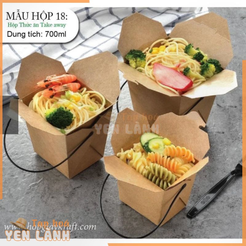 50 cái – Hộp đựng thức ăn nhanh – take away – mì xào đồ ăn có nước nóng giấy kraft = Hộp 18