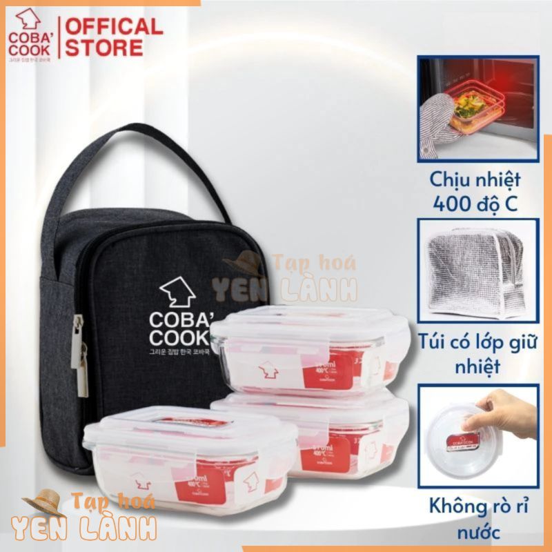 Bộ túi hộp đựng cơm thủy tinh chịu nhiệt COBA’COOK 3 hộp chữ nhật 370ml và 1 túi giữ nhiệt -CCL33BS