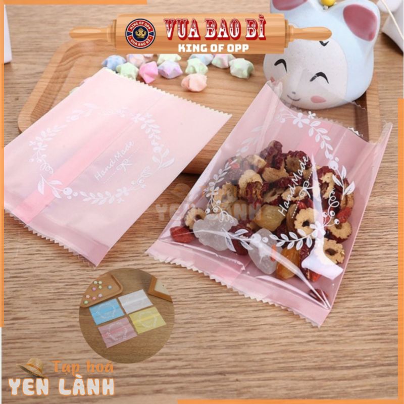 Túi đựng bánh, bao bì kẹo, túi đựng thực phẩm hàn nhiệt hoạ tiết Handmade Vòng Hoa, 100túi/sp – VUA BAO BÌ