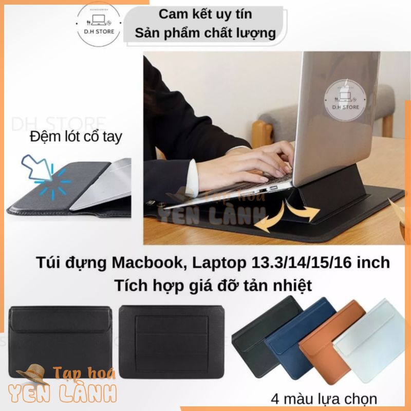 Bao da Macbook Air/Pro 13.3/14/15/16 inch, Túi đựng laptop kết hợp làm Giá Đỡ cao 5cm và Lót Chuột