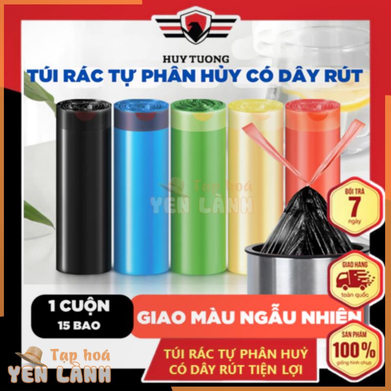 Túi đựng rác có quai rút tiện lợi, kích thước 45×50 cm, túi đựng rác dây rút tự phân hủy siêu dai 15 túi/cuộn -Huy Tưởng