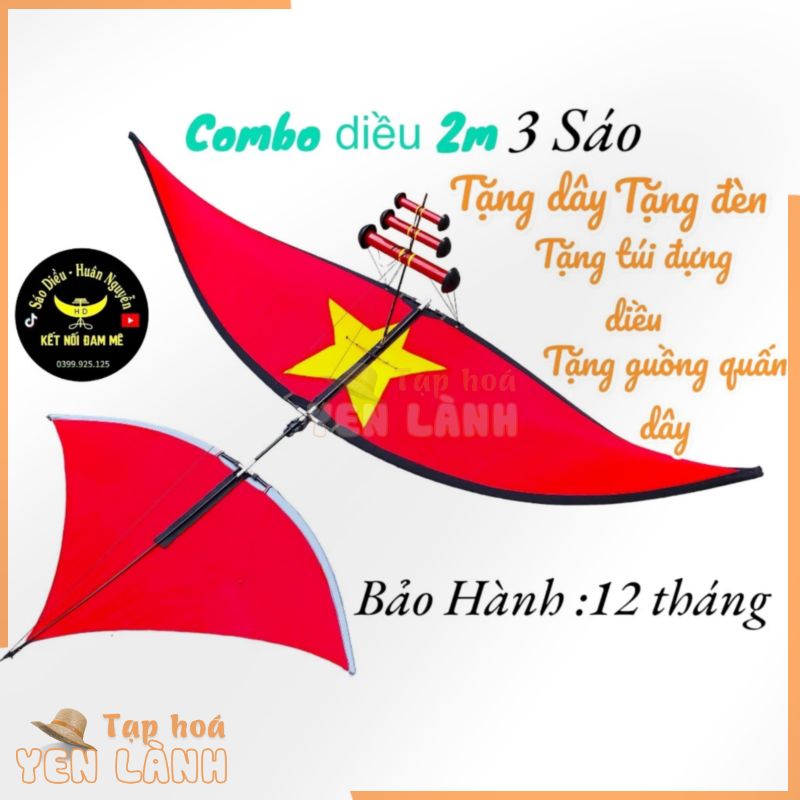 Diều lắp ghép 2m combo 3 sáo tặng dây, gang tay , đèn diều, guồng quấn dây, túi đựng diều