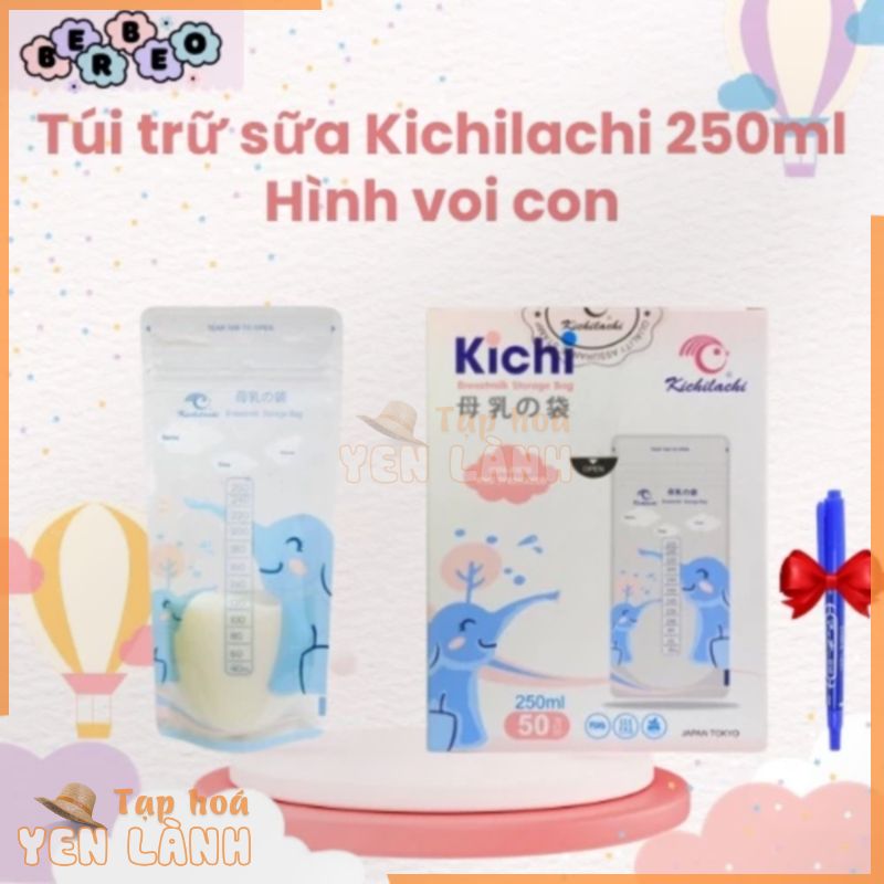 Hộp 50 túi trữ sữa, túi đựng sữa mẹ Kichilachi 250ml Hình voi con, BPA free, 2 khóa ziper chắc chắn