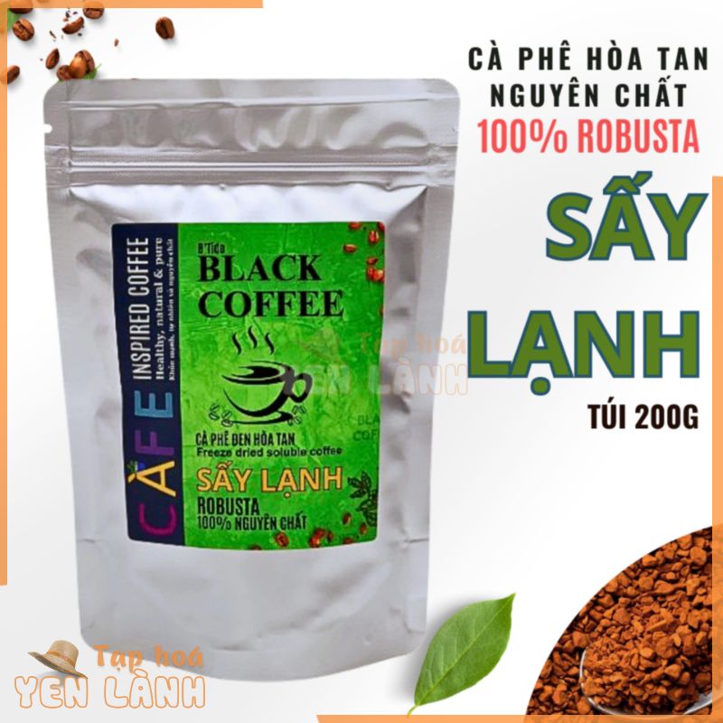 Cà phê sấy lạnh Black coffee, cafe đen hòa tan không đường 100% robusta nguyên chất (Túi 200g/ 65ly)