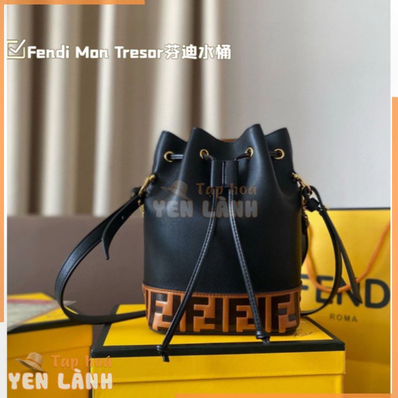 [Hộp quà] Túi xách nữ hợp thời trang Fendi Túi xô dây rút dập nổi Túi Tote da bò chất lượng cao Túi xách nữ sang trọng