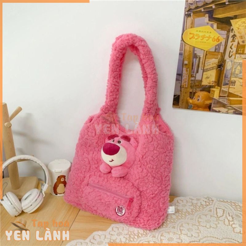 Túi xách nữ 2 ngăn cỡ lớn size 30cm hình Gấu Dâu Lotso lông xù hoạt hình dễ thương thời trang