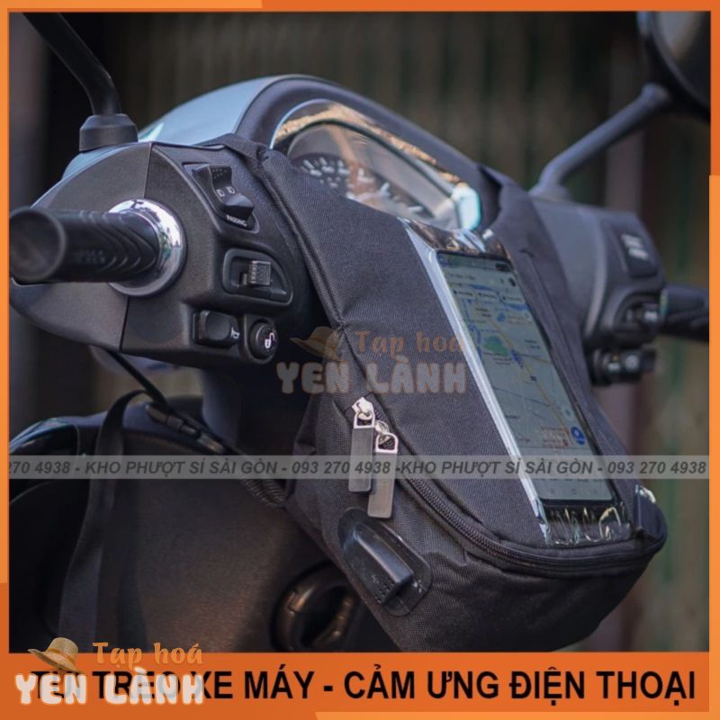 Túi treo đầu xe máy loại dọc cảm ứng điện thoại có lỗ sạc pin – Túi treo xe máy chạy Grab, shipper giao hàng