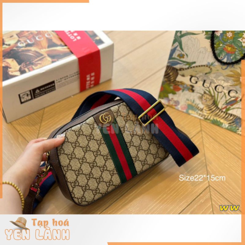 Túi xách Gucci Ophidia màu nâu canvas một ngăn lớn rộng size 22 cm full box dây đeo chéo bản to cá tính