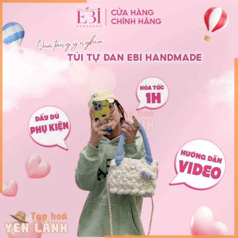 Túi tự đan EBI HANDMADE hình đám mây len quai bông mềm mịn, đầy đủ phụ kiện móc len – ES55