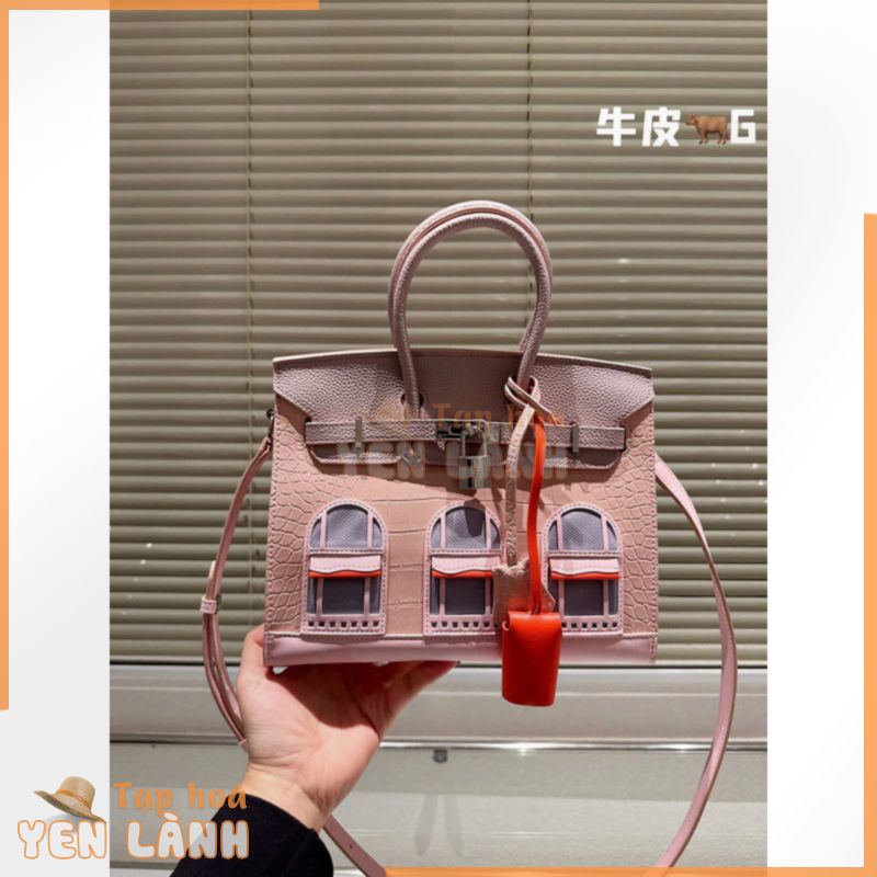 Túi xách HM birkin màu hồng size 25 cm, túi có nhiều cửa sổ đặc biệt