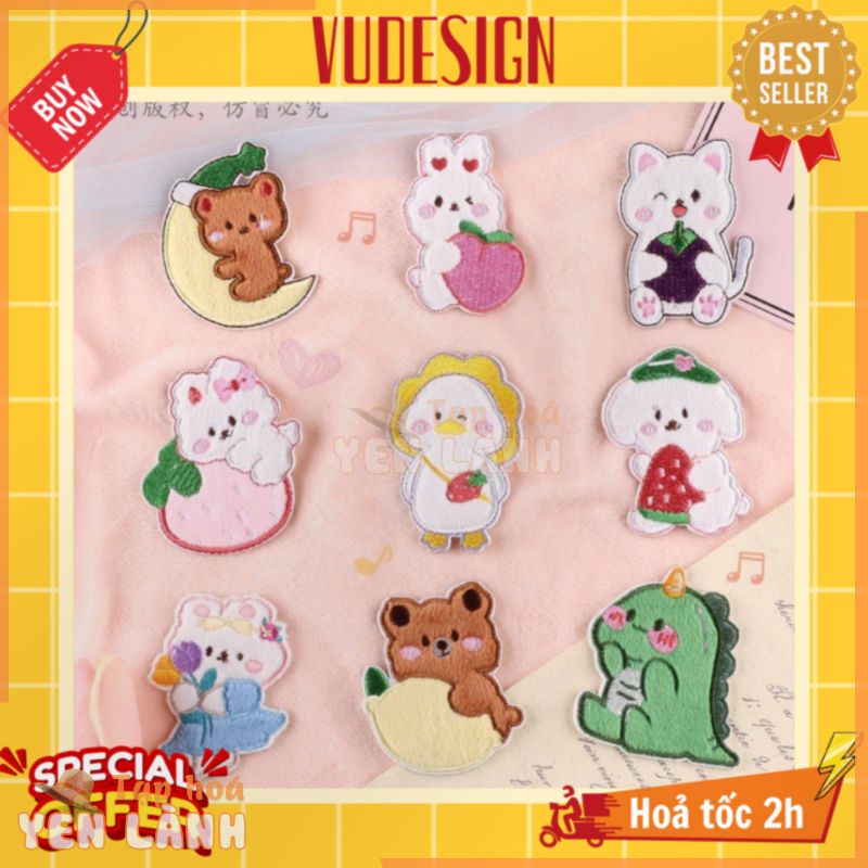 Sticker Dán Vải, Sticker Ủi Thêu Quần Áo, Balo, Túi, Mũ Hình Con Vật Trái Cây Khủng Long Dâu Tây Cherry Cute Vudesign