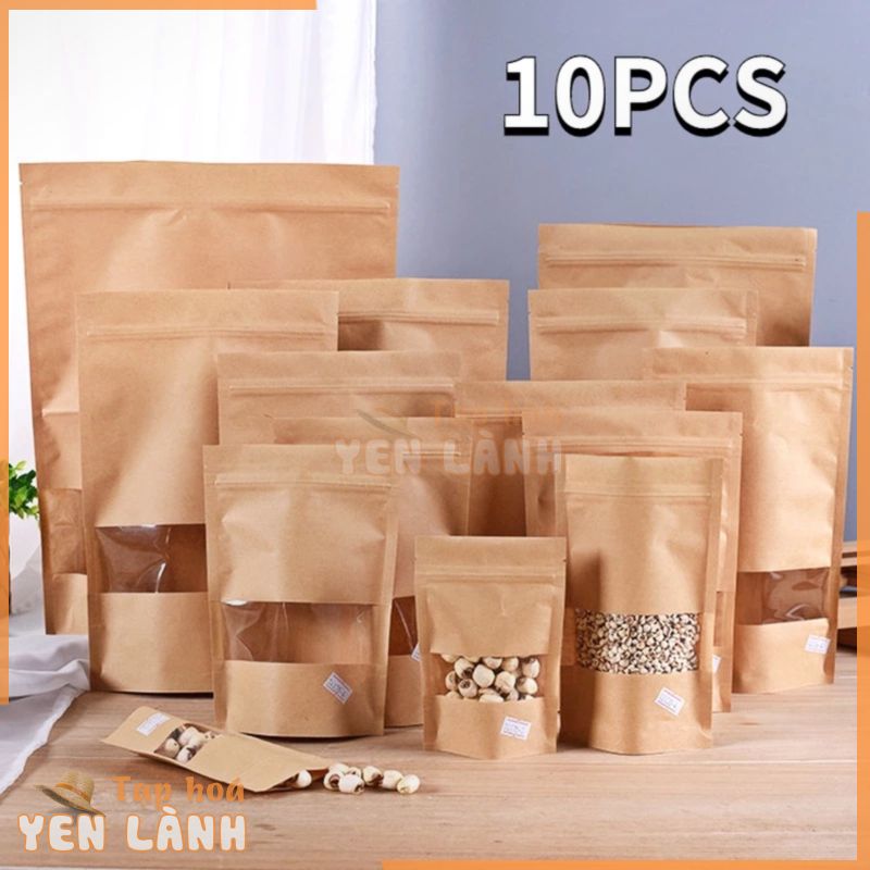 Set 10 Túi Giấy Kraft Màu Nâu Có Cửa Sổ Đứng Đựng Thực Phẩm Trà Cà Phê Kẹo Có Thể Tái Sử Dụng