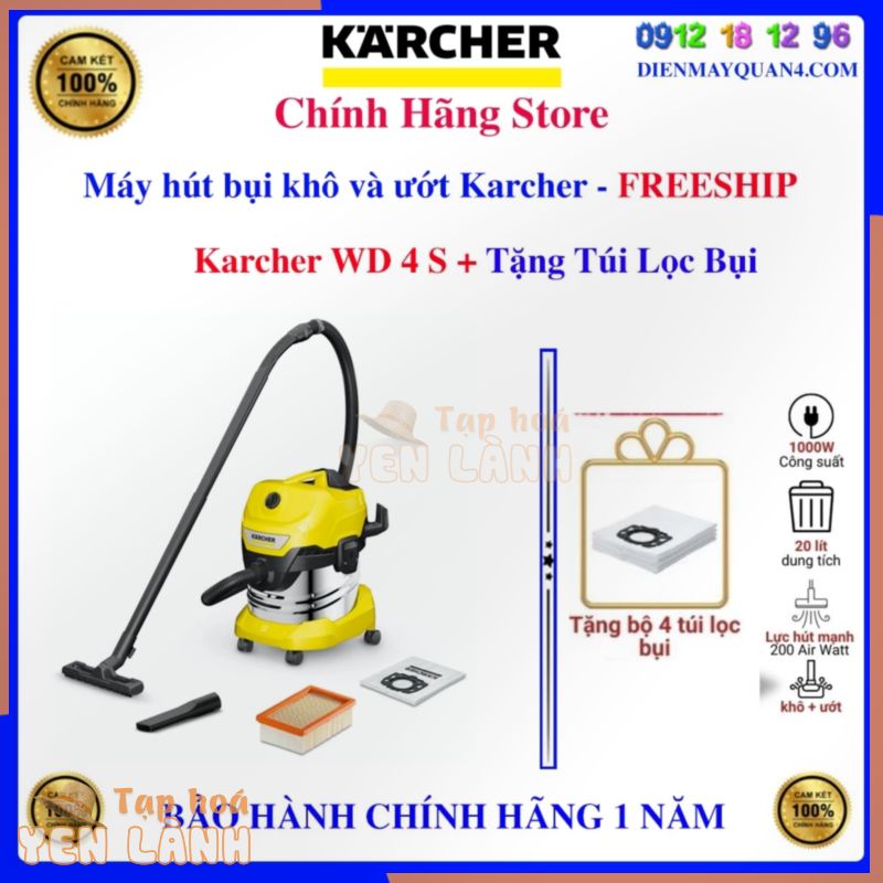 [Karcher WD 4 S]Máy hút bụi khô và ướt Karcher WD4S – Tặng 4 túi lọc bụi