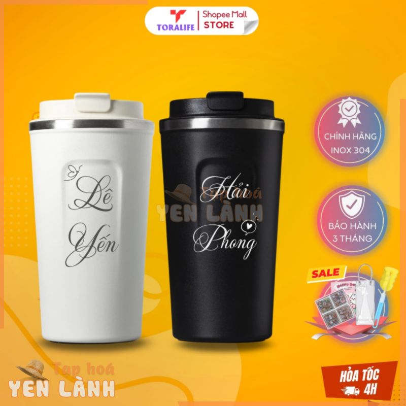 Bình Giữ Nhiệt 510ml Rato Life Ly Giữ Nhiệt Khắc Tên Theo Yêu Cầu inox 304, tặng kèm sticker và cọ rửa, Túi