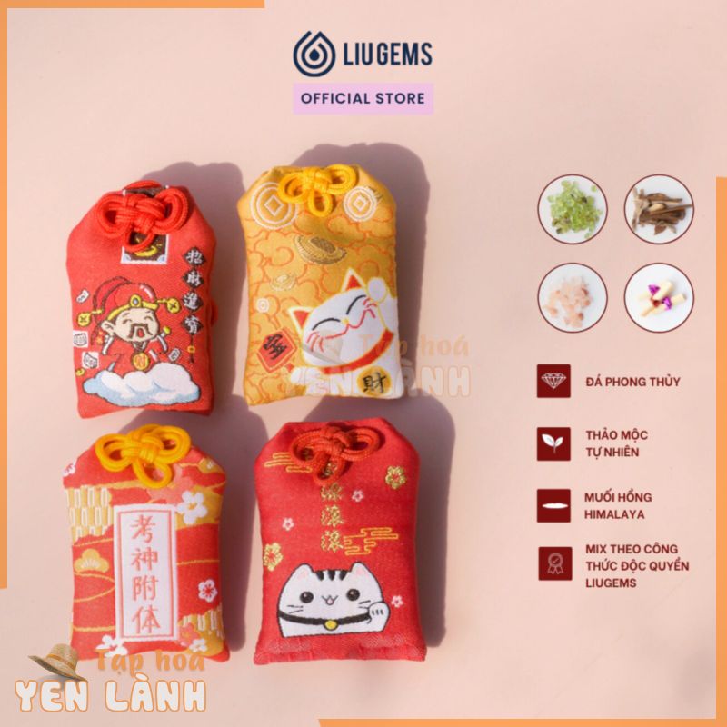 Túi Phước Omamori May Mắn Liugems Đeo Bên Người, Mix Đá, Thảo Mộc, Muối Hồng Himalaya Mang Tài Lộc, Tình Yêu PK01