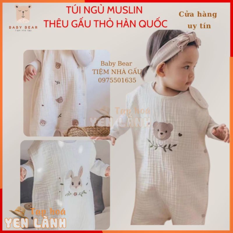 Túi ngủ chần bông/ Xô muslin thêu hình Gấu Thỏ Cho Bé 1- 4 Tuổi Hàn Quốc