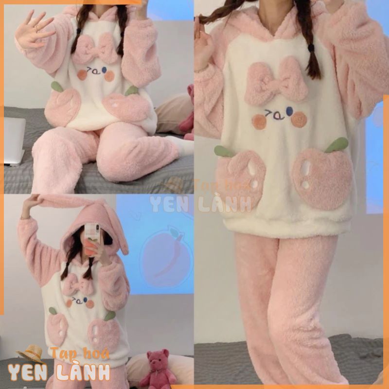 Bộ ngủ lông gấu hồng túi đào đính nơ dễ thương form rộng, Sét đồ pyjama mặc nhà mùa đông