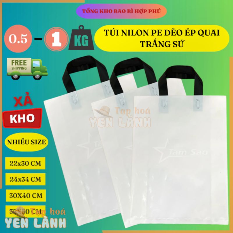 0,5kg – 1kg Túi Đựng Hàng Nilong PE Trắng Sứ Ép Quai Xách – Túi Ni Lông Hợp Phú Bóng Đẹp Bền Dẻo Dai Nhiều Kích Thước