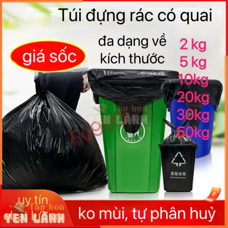 [1kg] túi đựng rác có quai, bao rác đen tự phân hủy, túi nilong dựng hàng siêu dai, sire 5kg,10kg,20kg,30kg,50kg