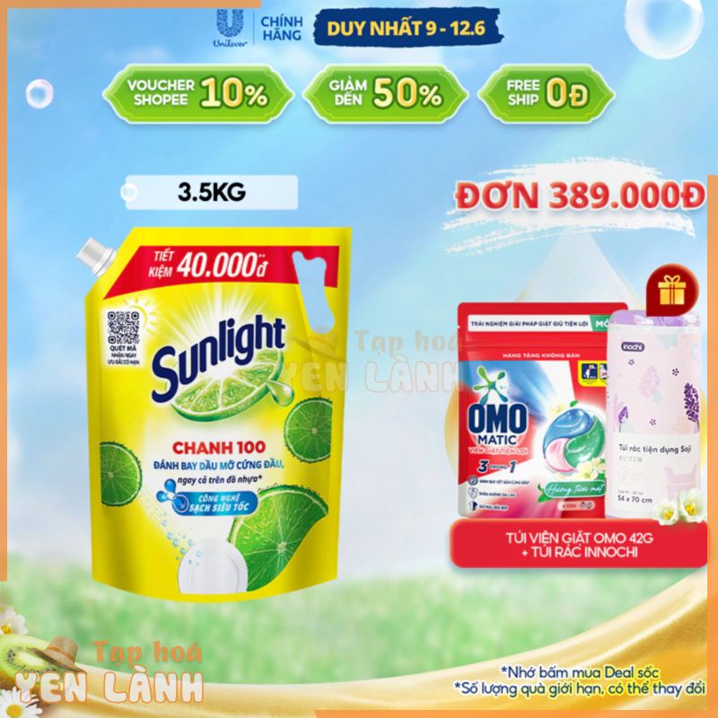 Nước rửa chén Sunlight chanh 100 mới đánh bay dầu mỡ cứng đầu túi 3.5kg