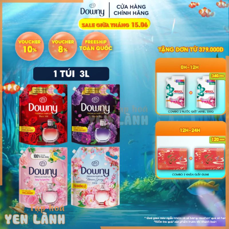 Nước Xả Vải DOWNY Tinh Dầu Thiên Nhiên/Nước Hoa Cao Cấp Túi 3L