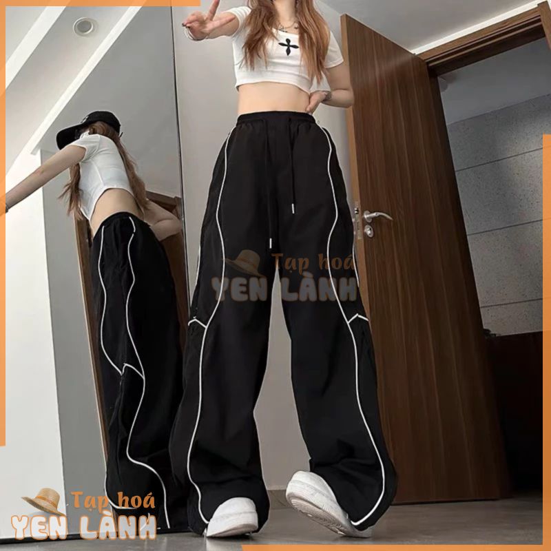 Quần ống rộng nữ nam thể thao, quần jogger dù túi hộp unisex, cạp cao suông dài phối dây rút style TOP STORE