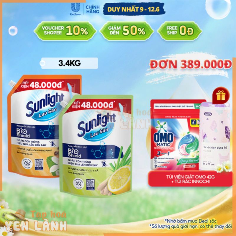 Nước lau sàn Sunlight BIOSHIELD Ngăn côn trùng hiệu quả | Túi 3,4 KG | Hương Chanh Yuzu & Sả | Hương Quế & Cam Bergamot