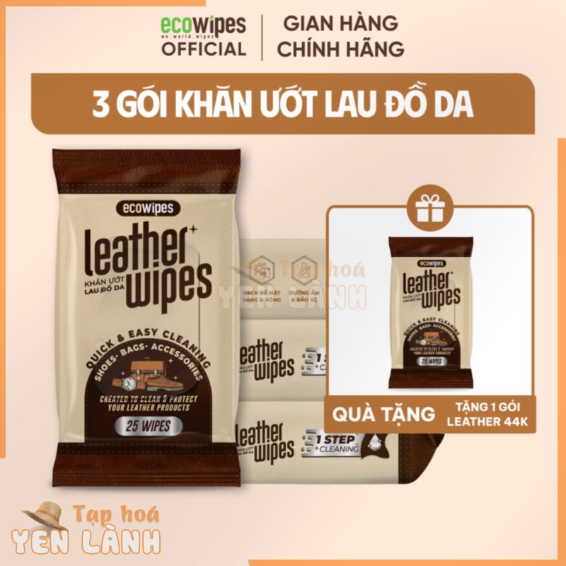 Combo 03 gói khăn ướt vệ sinh giày da túi da ví da Leather EcoWipes gói 25 tờ tinh chất sáp ong