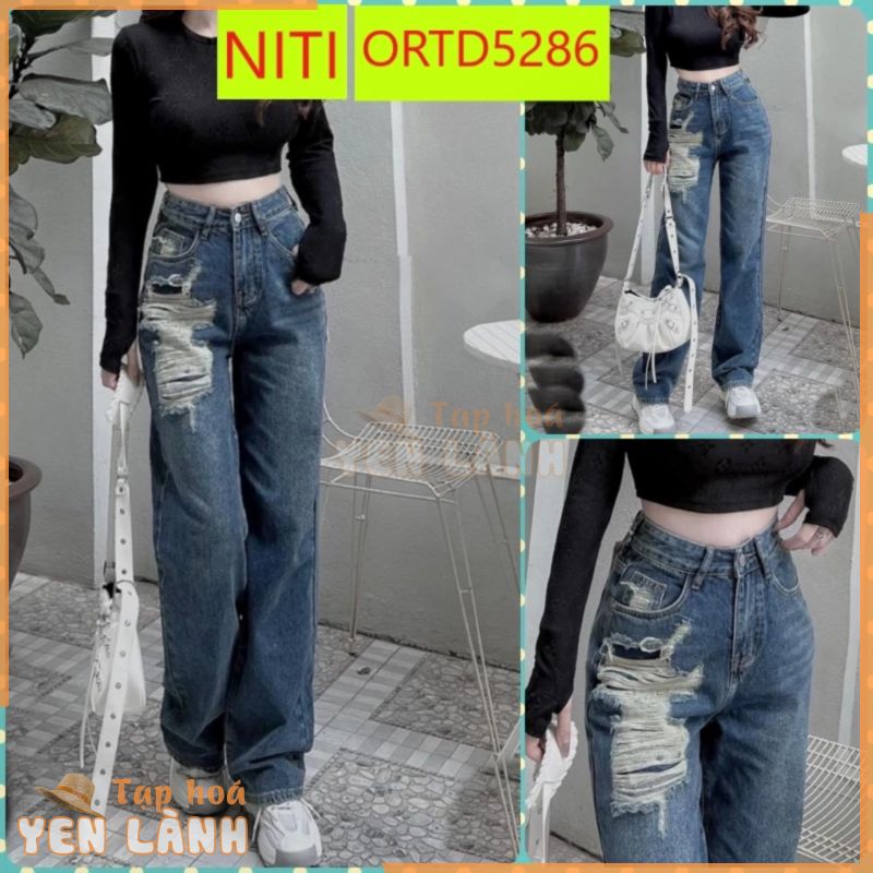 [ORTD5286] QUẦN JEANS ỐNG RỘNG NỮ LƯNG CAO RÁCH 1 MẢNG TÚI PHẢI CAO LAI CUỐN MÀU XANH ĐẬM SIÊU NGẦU CÁ TÍNH ĐẲNG CẤP