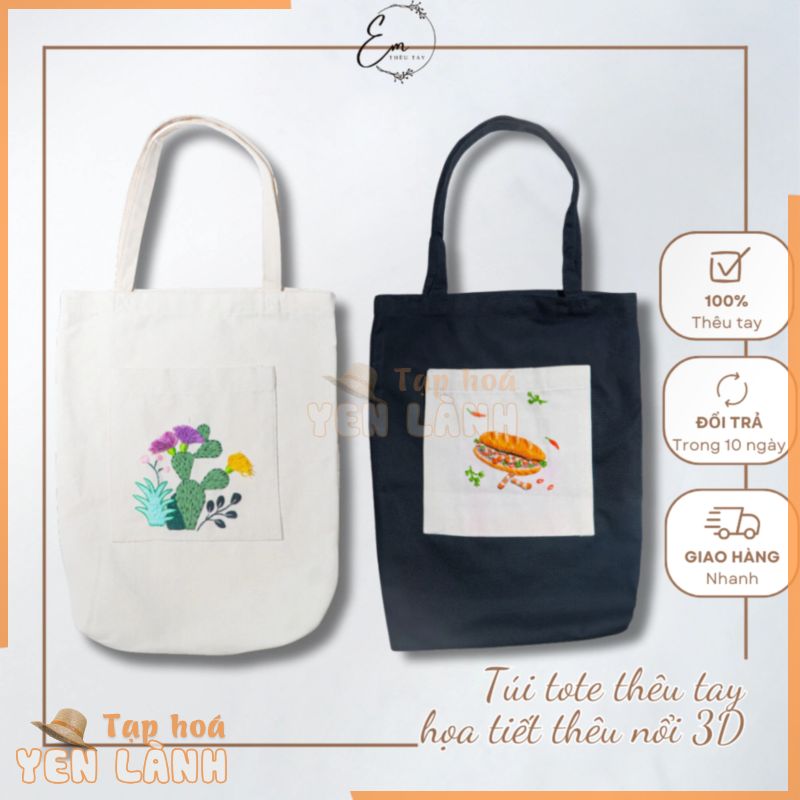 Túi tote thêu tay họa tiết thêu tay chất liệu canvas thiết kế 1 ngăn lớn 1 ngăn nhỏ tiện lợi