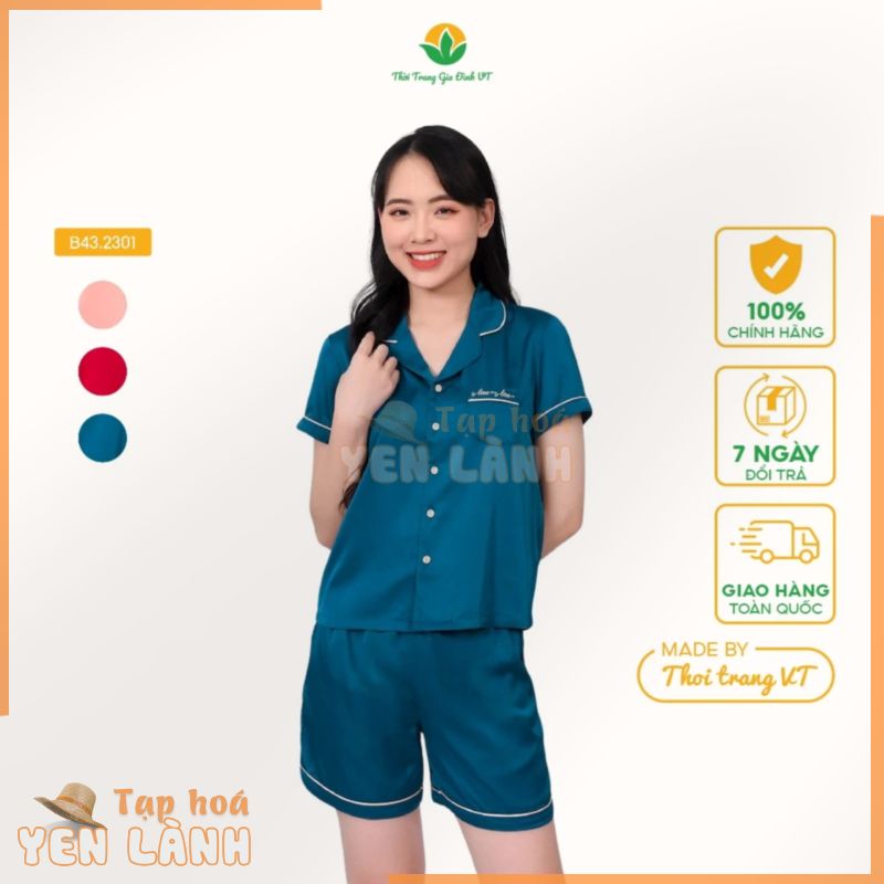 Bộ đồ pijama lụa mặc nhà mùa hè nữ Việt Thắng, quần đùi, áo cộc tay thêu túi – B43.2301