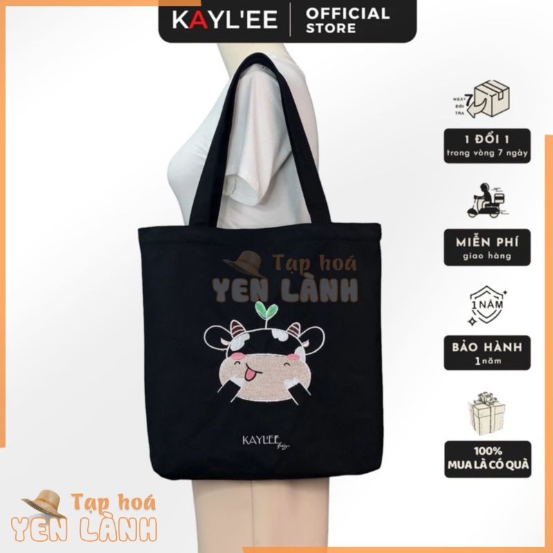 [Túi Thêu] Túi Tote Thêu Bò Sữa Thời Trang KAYLEE Vải Canvas Đi Học Đi Chơi Đựng Vừa Laptop KT 39x37x6cm TT08