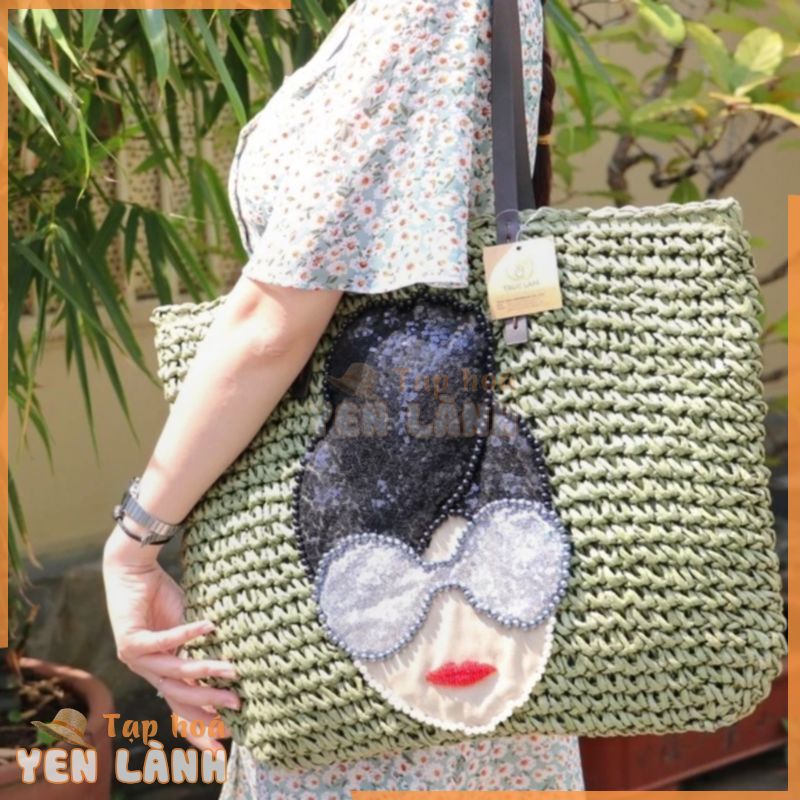 Túi Cói Tote Thời Trang Nữ Quai Da Thêu Cườm Hình Mặt Cô Gái – Trúc Lâm Handmade