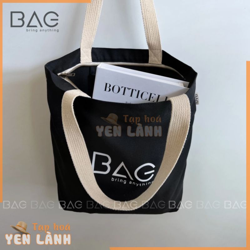 Túi tote vải đeo vai, túi vải màu tối, hàng thiết kế của BAG phong cách vintage, túi local brand [BLACK]