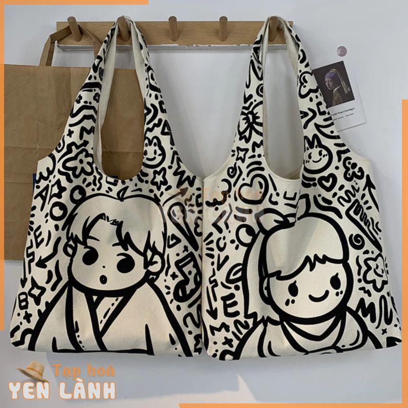 Túi tote vải, form quai bầu họa tiết hình vẽ Boy – Girl, phong cách thời trang Pop Art, hàng có sẵn Đà Nẵng.