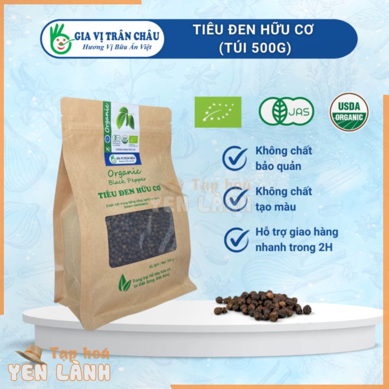 Tiêu đen hữu cơ túi giấy 500g Trân Châu, dạng nguyên hạt, hàng chuẩn xuất khẩu, hạt to tròn chắc thơm cay