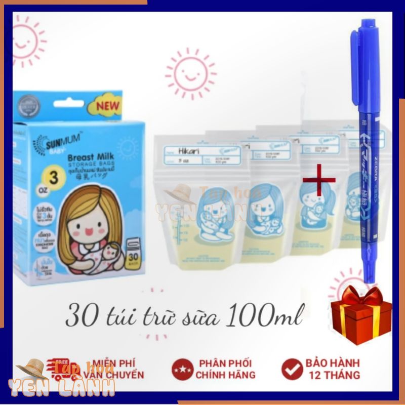 (Tặng kèm 01 bút dấu) Hộp 30 túi trữ sữa Sunmum Thái Lan dung tích 100ml màu xanh